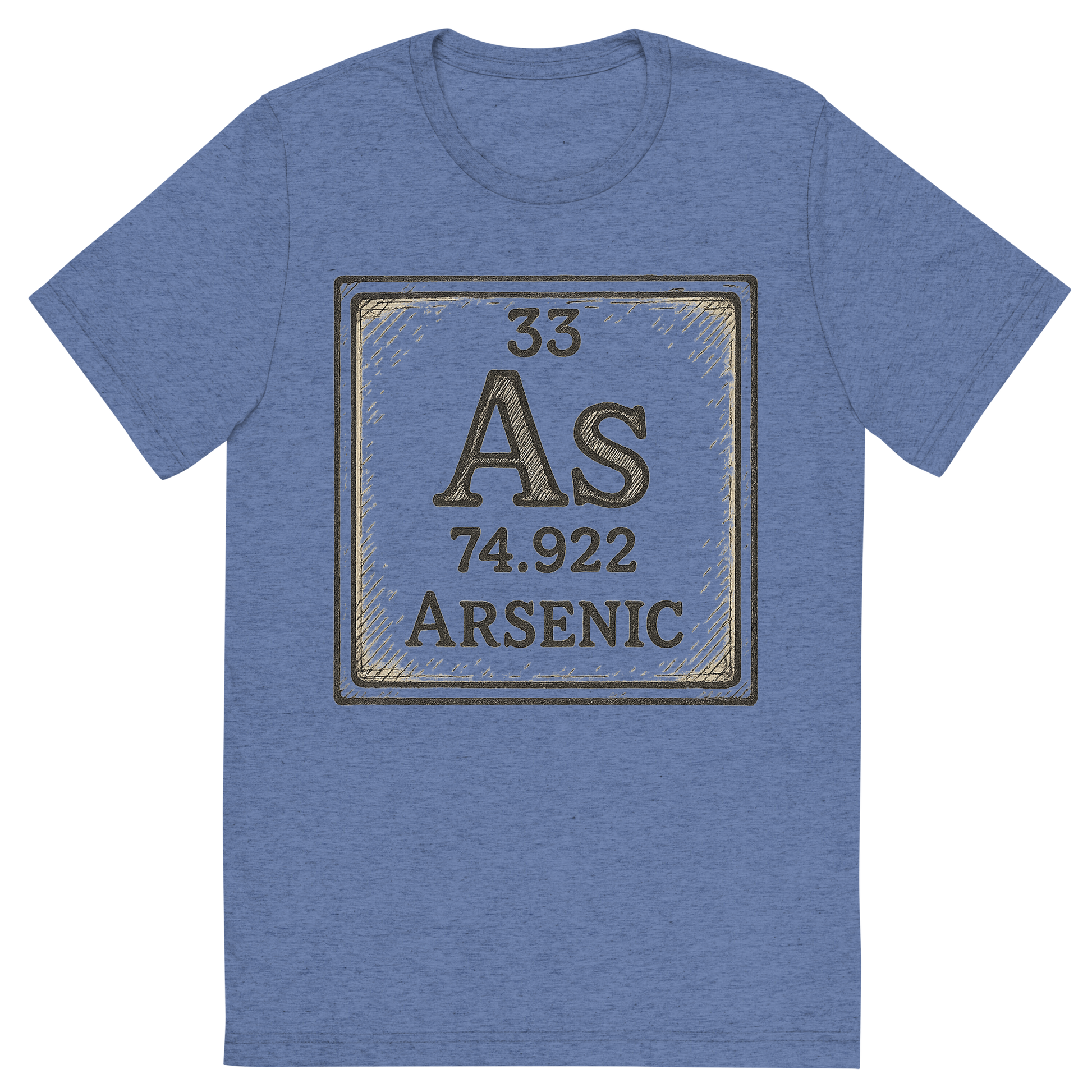 Front view of a Premium Tri-Blend Crew Neck T-Shirt in Blue showing 'A line art, nostalgic graphic of arsenic's entry on the periodic table, use a dark color for the lines and text'