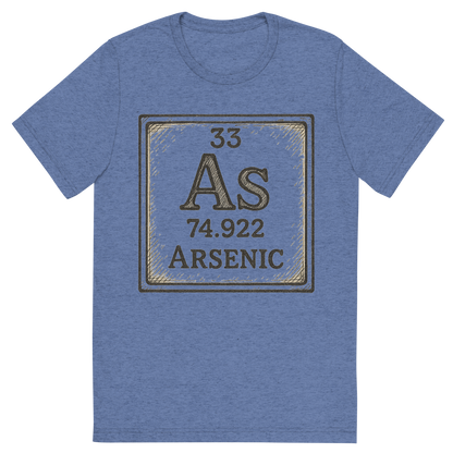 Front view of a Premium Tri-Blend Crew Neck T-Shirt in Blue showing 'A line art, nostalgic graphic of arsenic's entry on the periodic table, use a dark color for the lines and text'