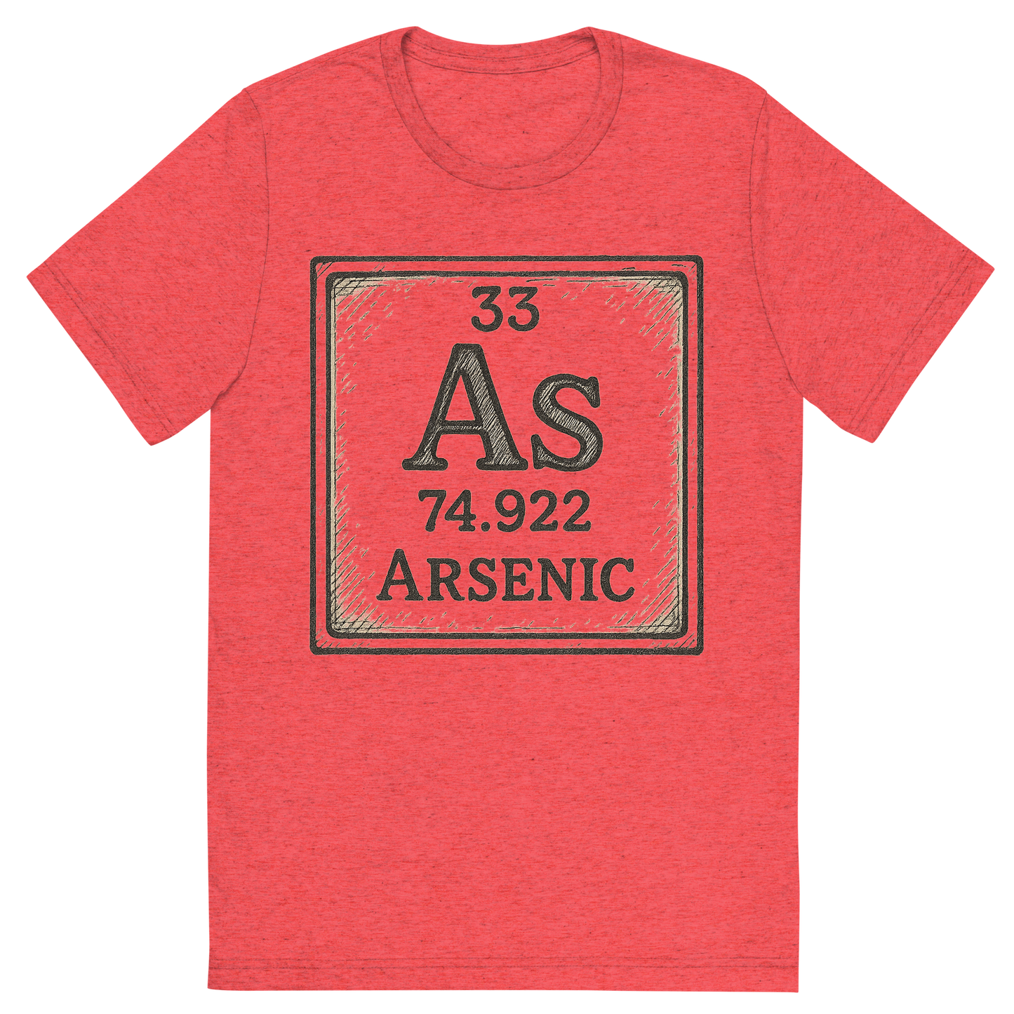 Front view of a Premium Tri-Blend Crew Neck T-Shirt in Red showing 'A line art, nostalgic graphic of arsenic's entry on the periodic table, use a dark color for the lines and text'