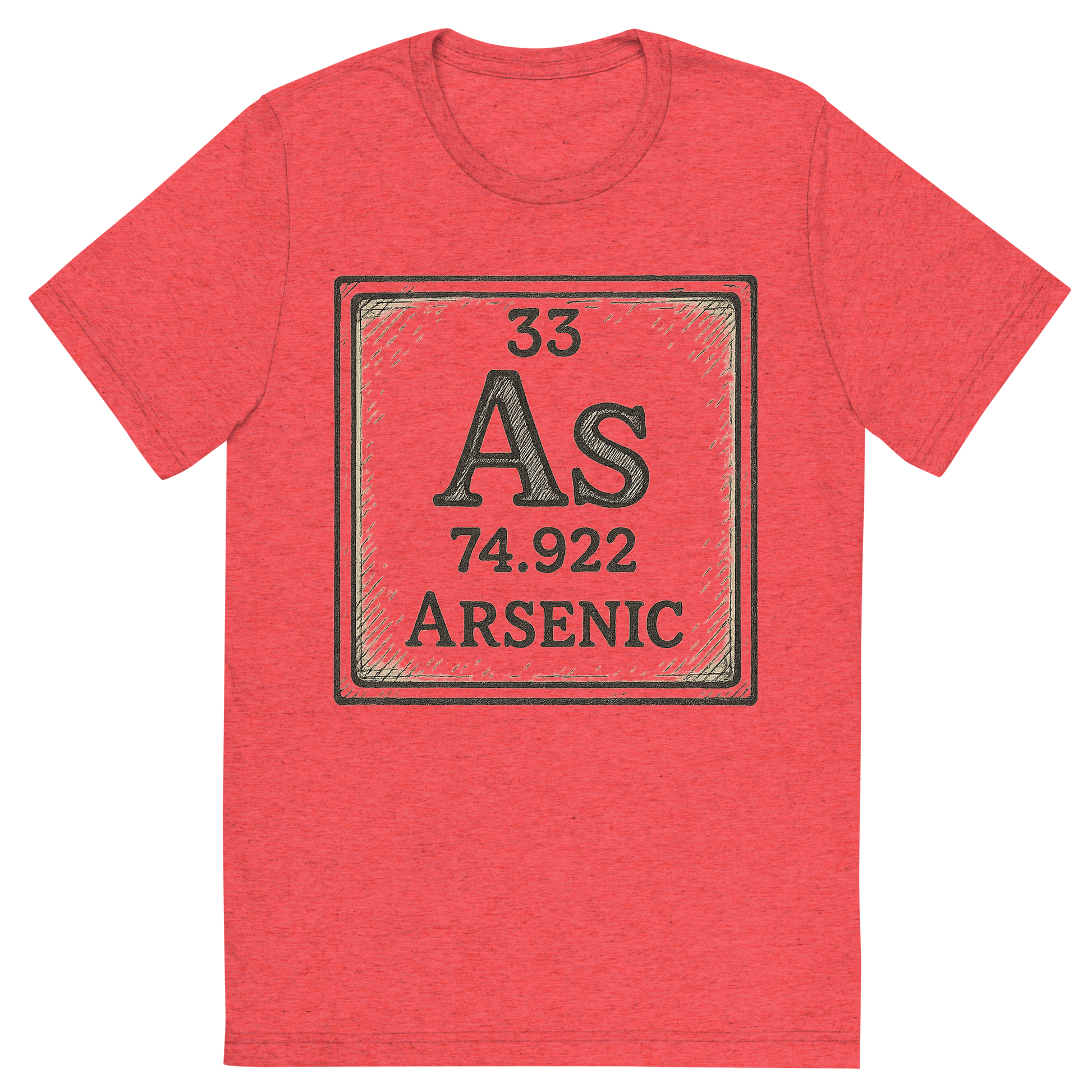 Front view of a Premium Tri-Blend Crew Neck T-Shirt in Red showing 'A line art, nostalgic graphic of arsenic's entry on the periodic table, use a dark color for the lines and text'