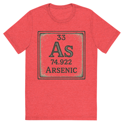 Front view of a Premium Tri-Blend Crew Neck T-Shirt in Red showing 'A line art, nostalgic graphic of arsenic's entry on the periodic table, use a dark color for the lines and text'