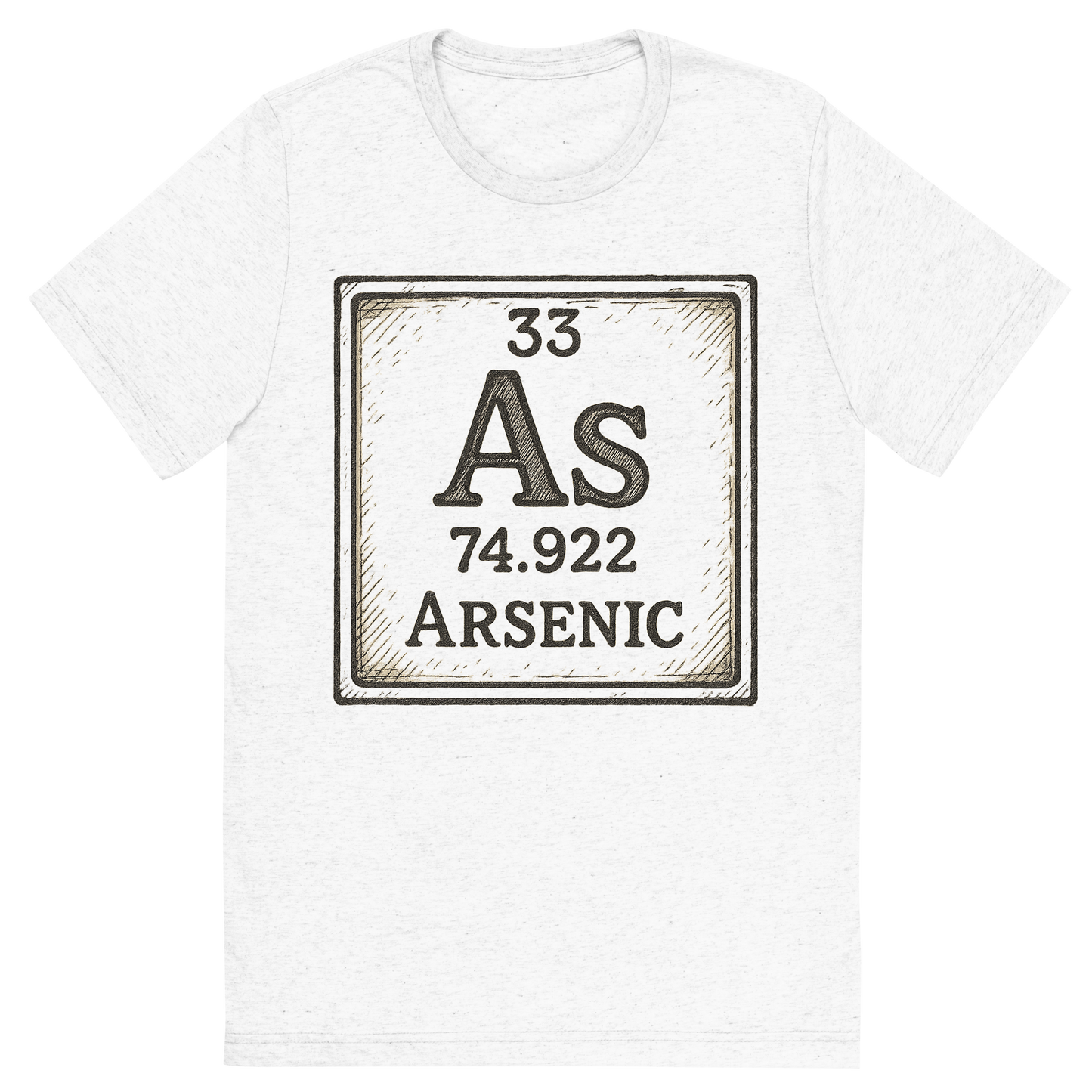 Front view of a Premium Tri-Blend Crew Neck T-Shirt in Solid White showing 'A line art, nostalgic graphic of arsenic's entry on the periodic table, use a dark color for the lines and text'
