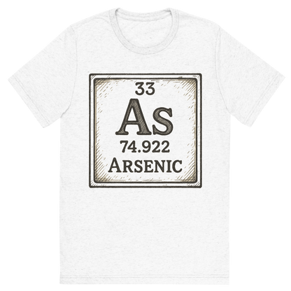 Front view of a Premium Tri-Blend Crew Neck T-Shirt in Solid White showing 'A line art, nostalgic graphic of arsenic's entry on the periodic table, use a dark color for the lines and text'