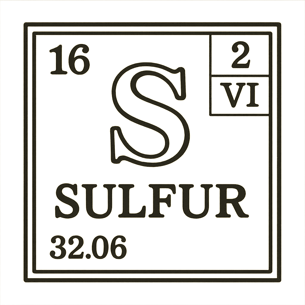 A line art, nostalgic graphic of sulfur's entry on the periodic table, use a dark color for the lines and text – a t-shirt design