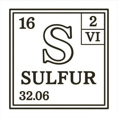 A line art, nostalgic graphic of sulfur's entry on the periodic table, use a dark color for the lines and text – a t-shirt design