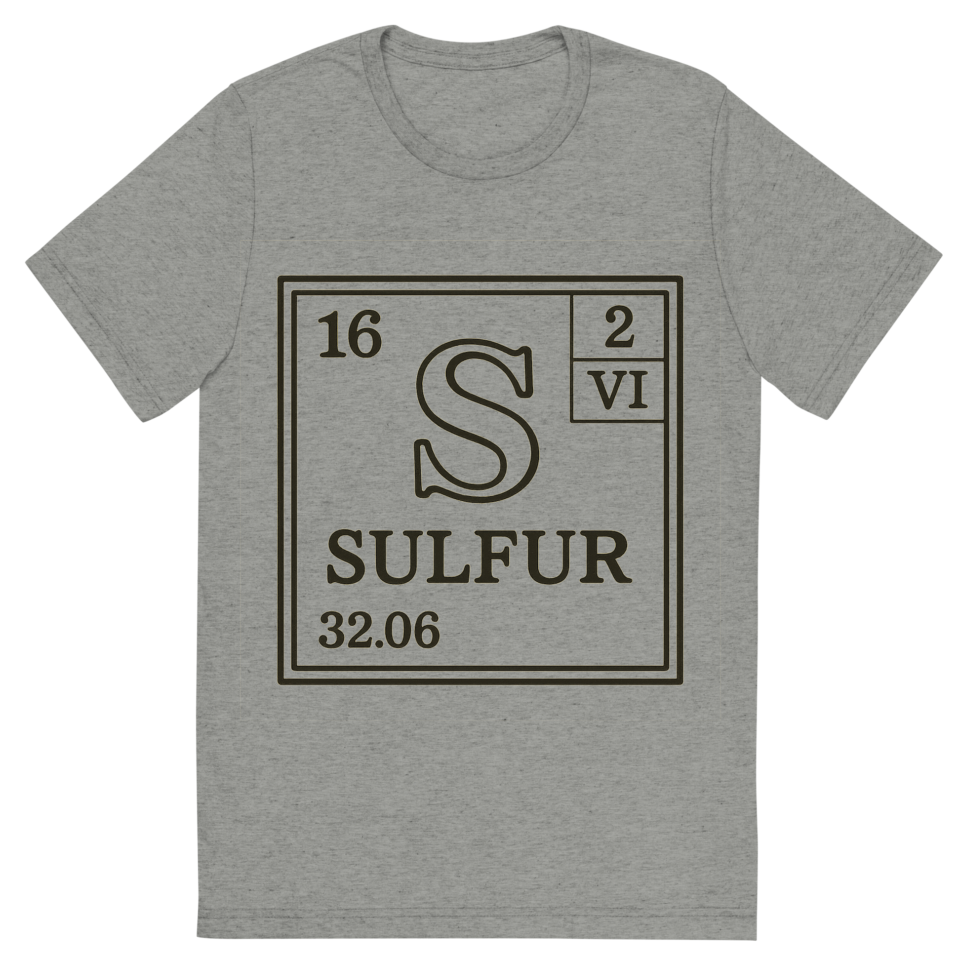 Front view of a Premium Tri-Blend Crew Neck T-Shirt in Athletic Grey showing 'A line art, nostalgic graphic of sulfur's entry on the periodic table, use a dark color for the lines and text'