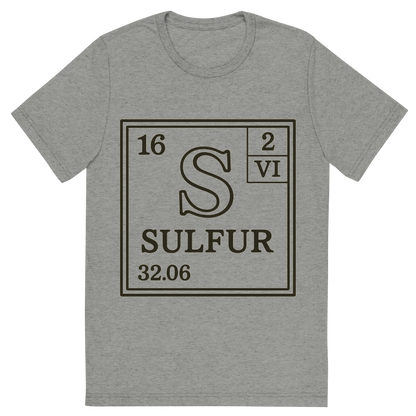 Front view of a Premium Tri-Blend Crew Neck T-Shirt in Athletic Grey showing 'A line art, nostalgic graphic of sulfur's entry on the periodic table, use a dark color for the lines and text'