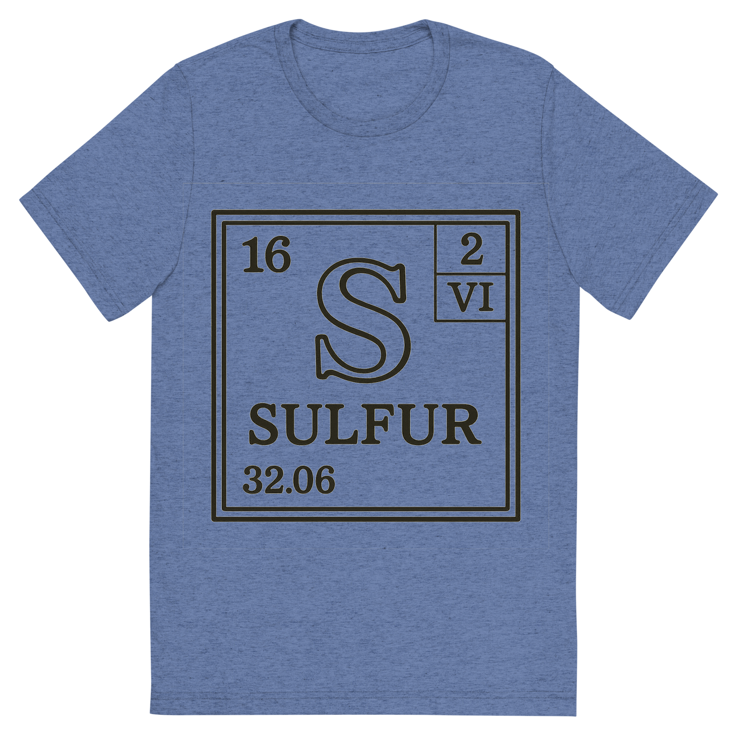Front view of a Premium Tri-Blend Crew Neck T-Shirt in Blue showing 'A line art, nostalgic graphic of sulfur's entry on the periodic table, use a dark color for the lines and text'