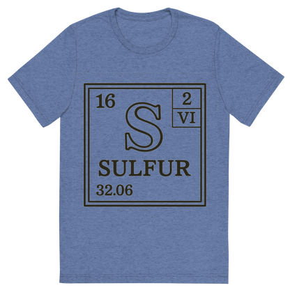 Front view of a Premium Tri-Blend Crew Neck T-Shirt in Blue showing 'A line art, nostalgic graphic of sulfur's entry on the periodic table, use a dark color for the lines and text'