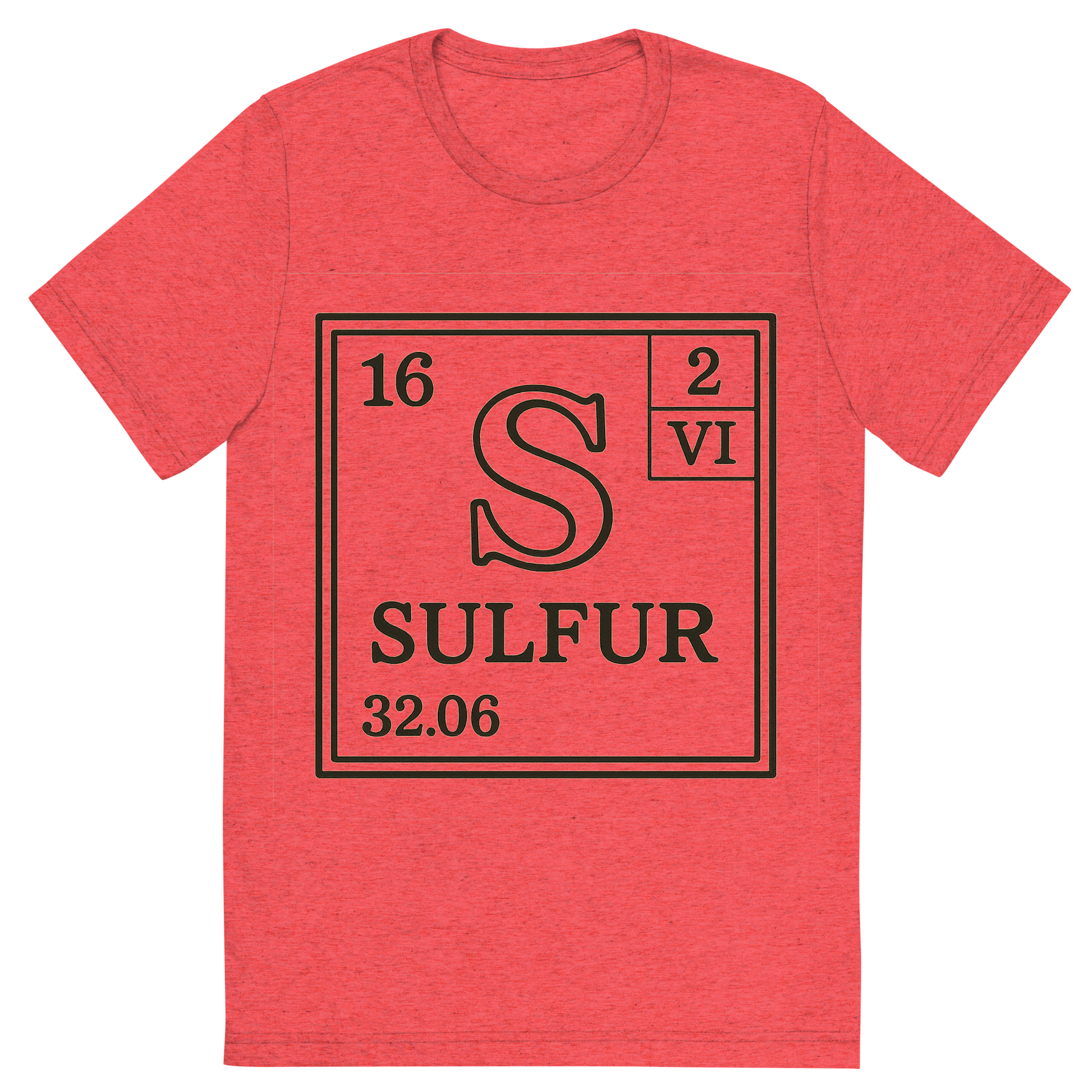 Front view of a Premium Tri-Blend Crew Neck T-Shirt in Red showing 'A line art, nostalgic graphic of sulfur's entry on the periodic table, use a dark color for the lines and text'
