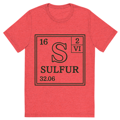 Front view of a Premium Tri-Blend Crew Neck T-Shirt in Red showing 'A line art, nostalgic graphic of sulfur's entry on the periodic table, use a dark color for the lines and text'