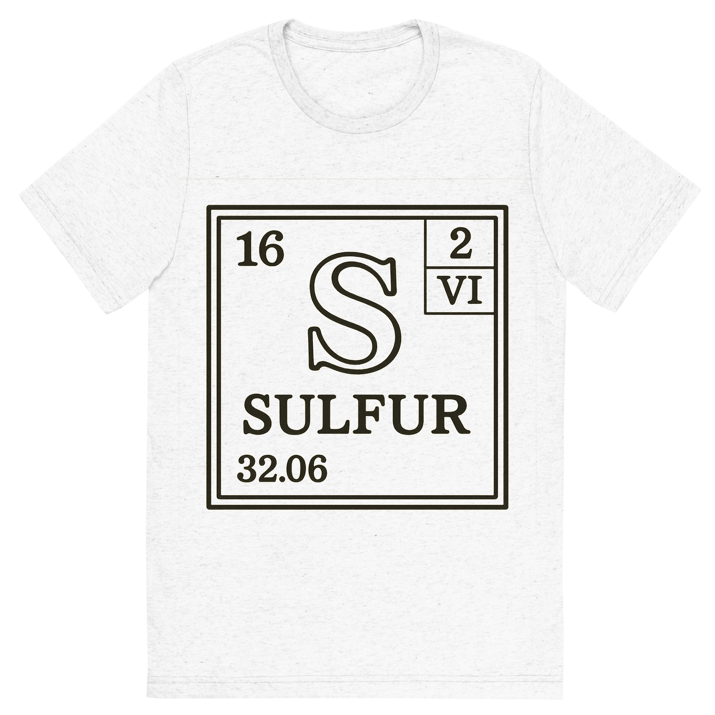 Front view of a Premium Tri-Blend Crew Neck T-Shirt in Solid White showing 'A line art, nostalgic graphic of sulfur's entry on the periodic table, use a dark color for the lines and text'