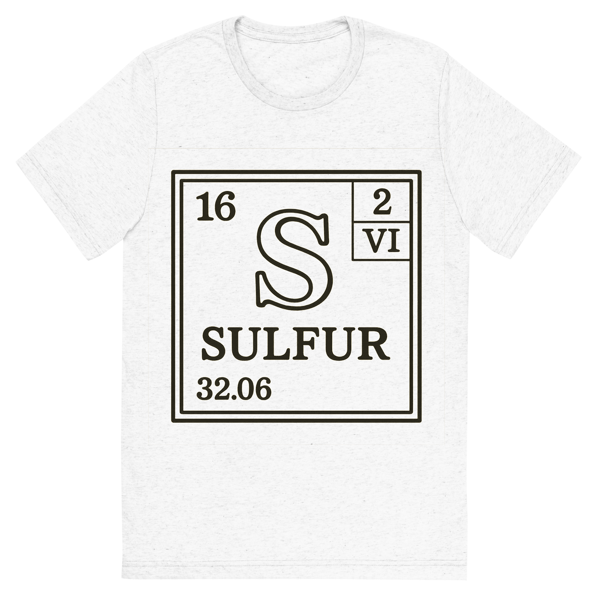 Front view of a Premium Tri-Blend Crew Neck T-Shirt in Solid White showing 'A line art, nostalgic graphic of sulfur's entry on the periodic table, use a dark color for the lines and text'