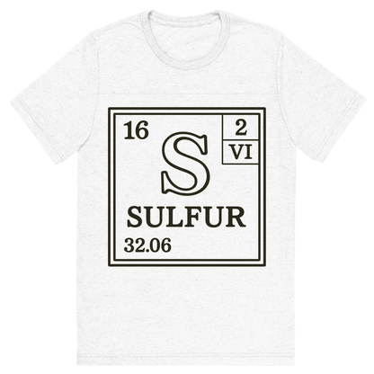 Front view of a Premium Tri-Blend Crew Neck T-Shirt in Solid White showing 'A line art, nostalgic graphic of sulfur's entry on the periodic table, use a dark color for the lines and text'