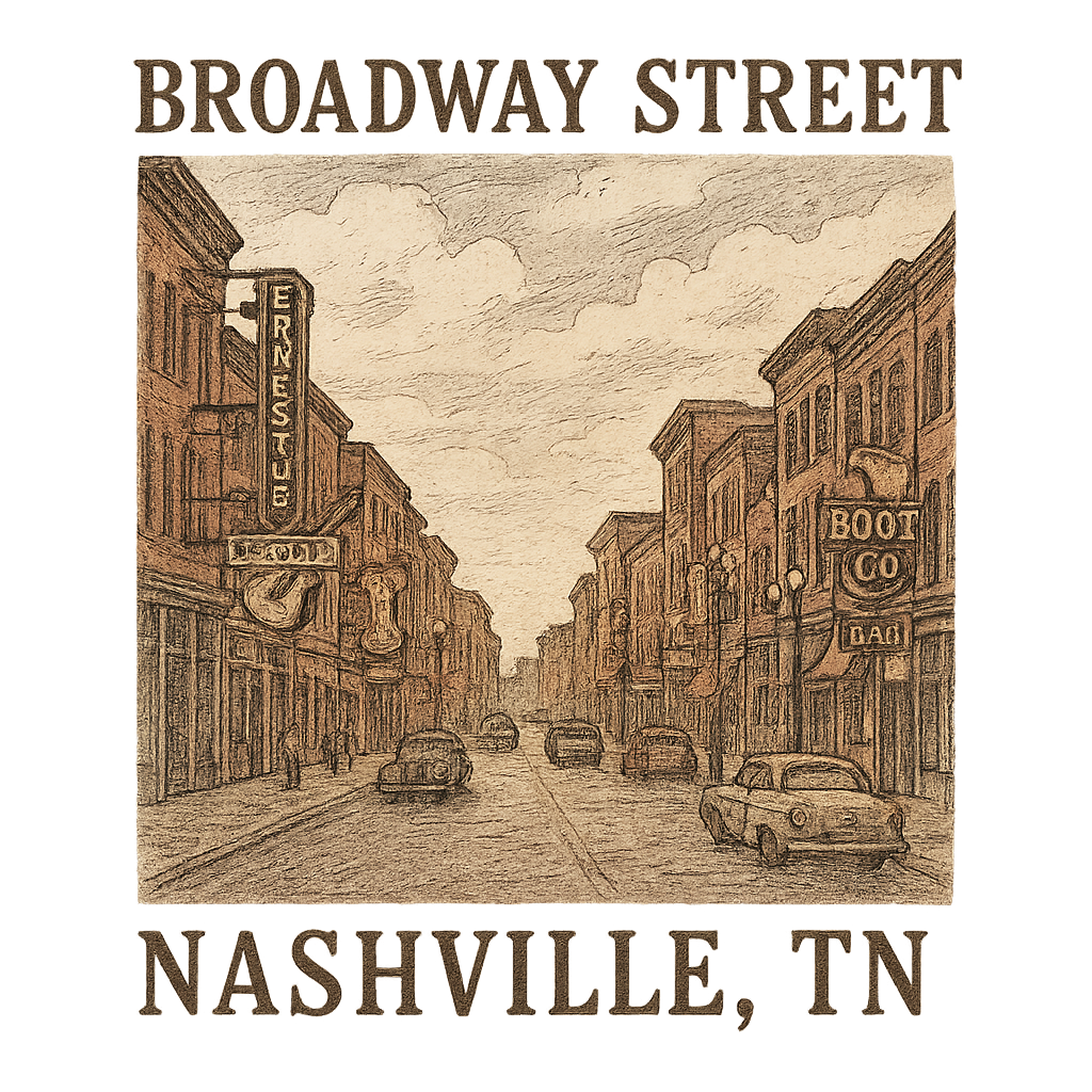 A hand-drawn, nostalgic graphic of nashville, tennessee featuring broadway street – a t-shirt design
