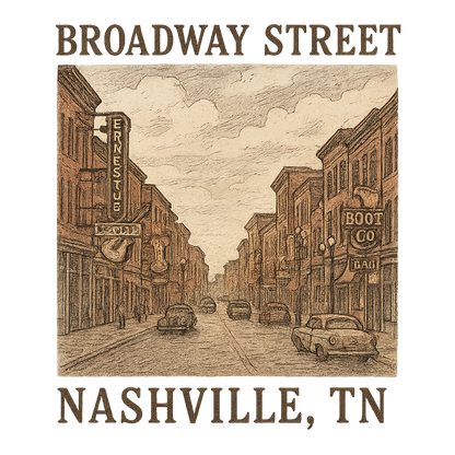 A hand-drawn, nostalgic graphic of nashville, tennessee featuring broadway street – a t-shirt design