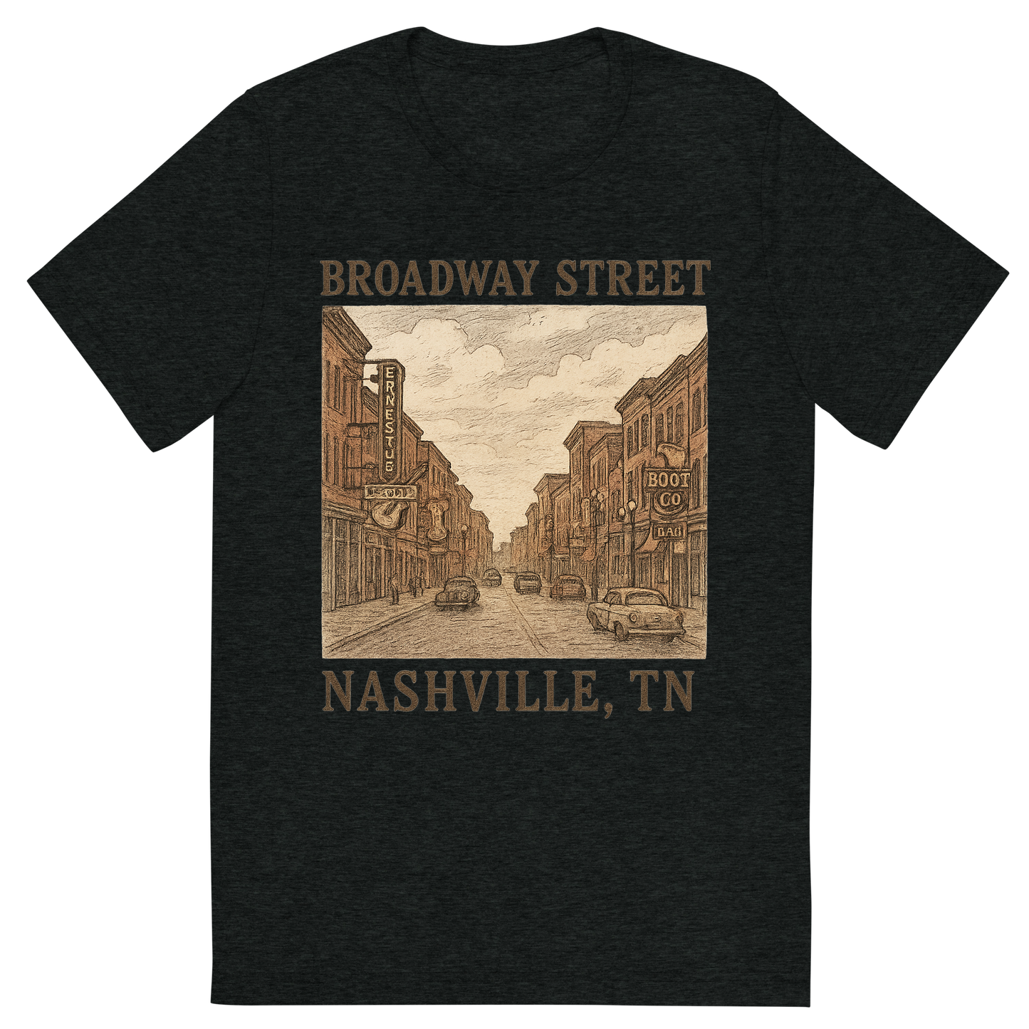 Front view of a Premium Tri-Blend Crew Neck T-Shirt in Charcoal-Black showing 'A hand-drawn, nostalgic graphic of nashville, tennessee featuring broadway street'