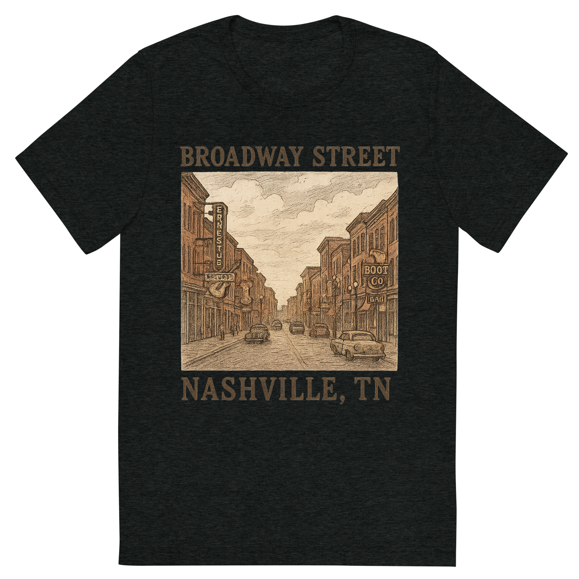 Front view of a Premium Tri-Blend Crew Neck T-Shirt in Charcoal-Black showing 'A hand-drawn, nostalgic graphic of nashville, tennessee featuring broadway street'