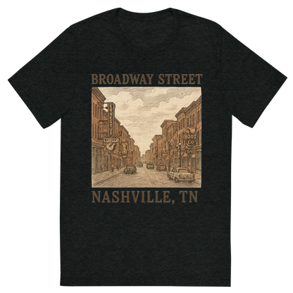 Front view of a Premium Tri-Blend Crew Neck T-Shirt in Charcoal-Black showing 'A hand-drawn, nostalgic graphic of nashville, tennessee featuring broadway street'