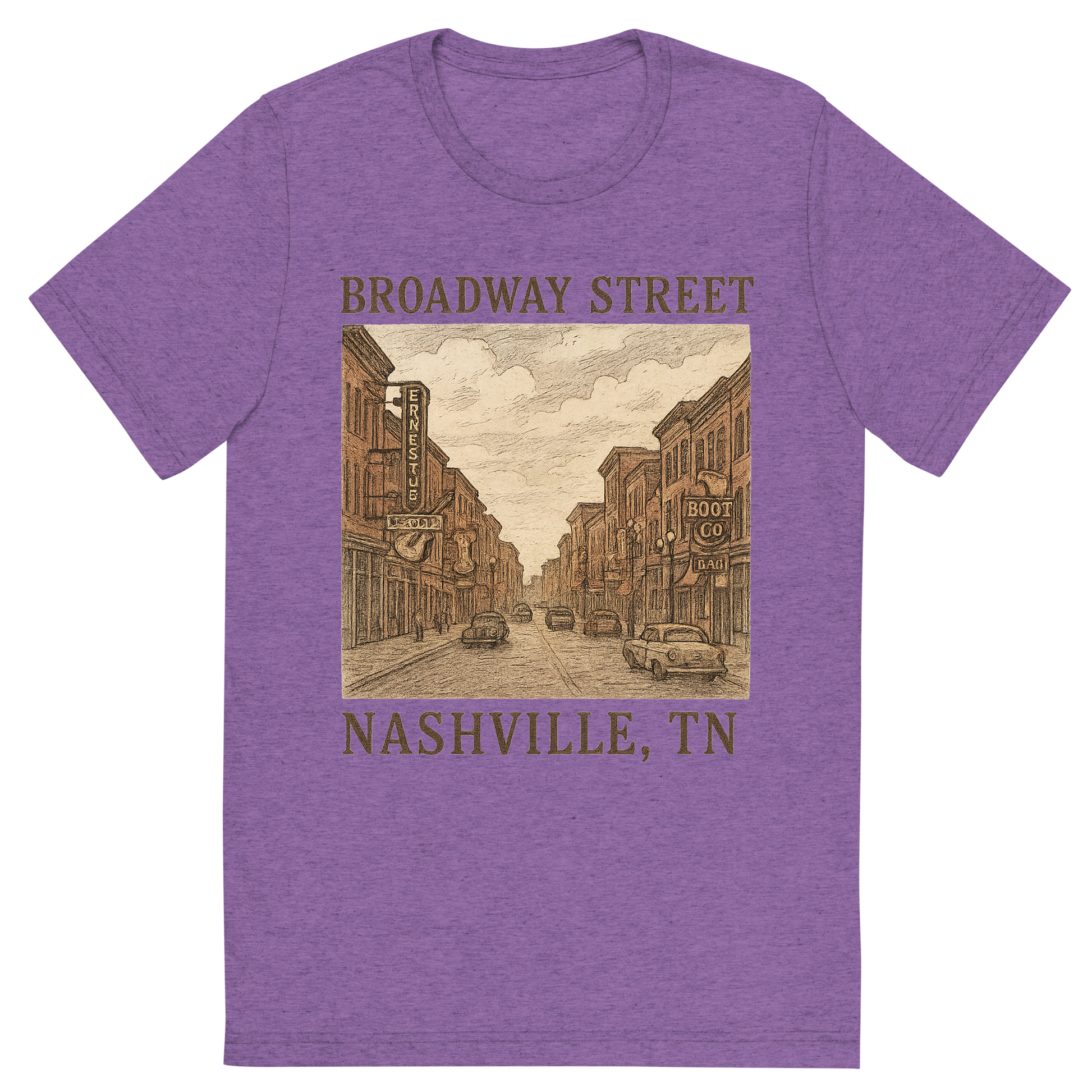 Front view of a Premium Tri-Blend Crew Neck T-Shirt in Purple showing 'A hand-drawn, nostalgic graphic of nashville, tennessee featuring broadway street'