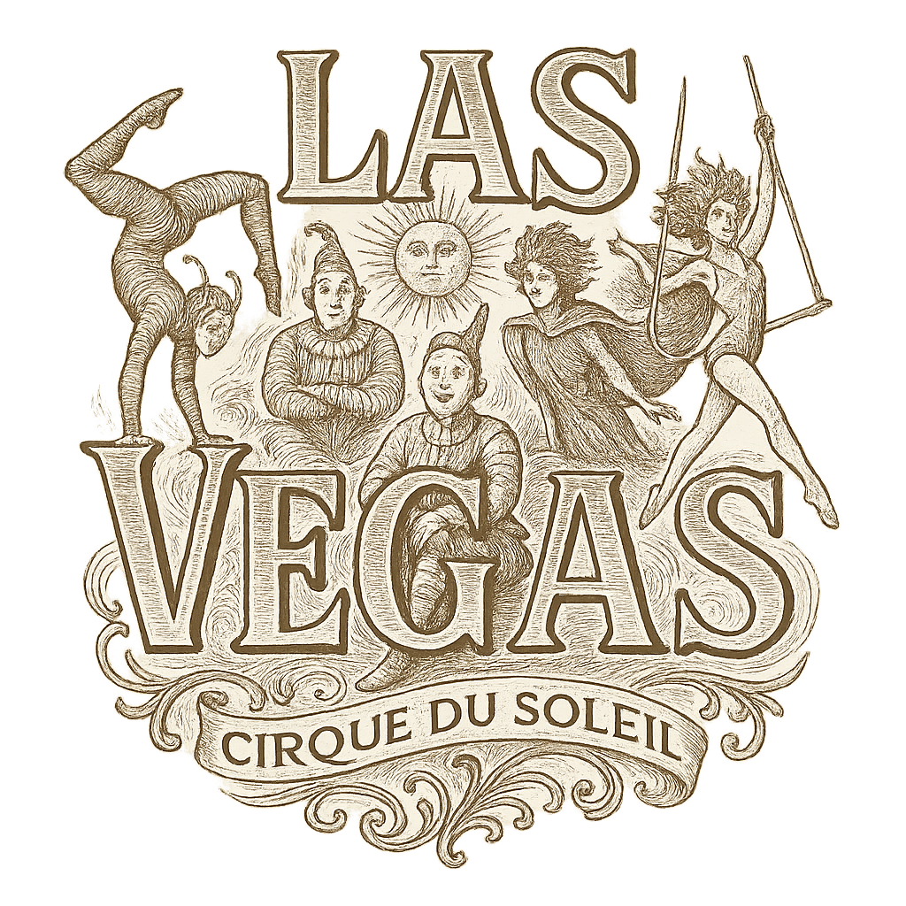 A typographic, nostalgic graphic of a typographic illustration of the words 'las vegas' with a vintage line art drawing of the cirque du soleil shows – a t-shirt design