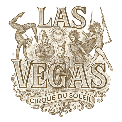 A typographic, nostalgic graphic of a typographic illustration of the words 'las vegas' with a vintage line art drawing of the cirque du soleil shows – a t-shirt design