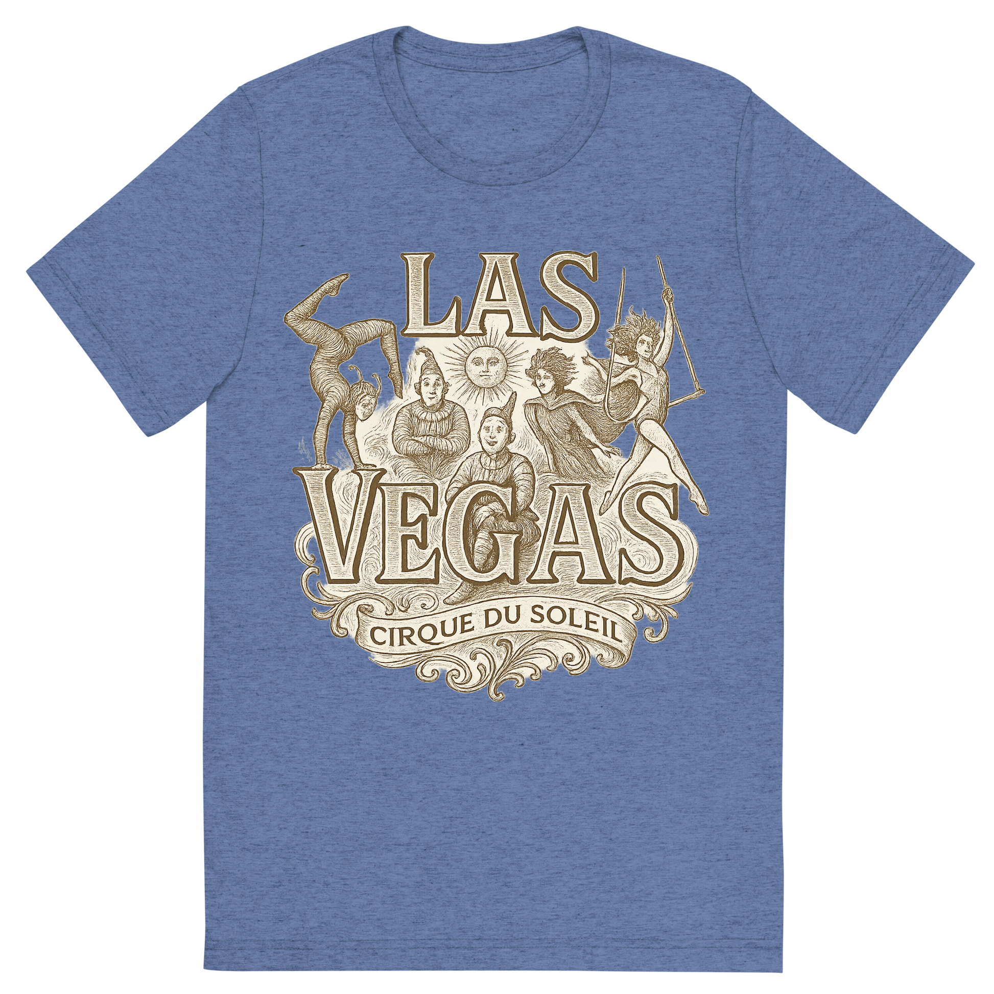 Front view of a Premium Tri-Blend Crew Neck T-Shirt in Blue showing 'A typographic, nostalgic graphic of a typographic illustration of the words 'las vegas' with a vintage line art drawing of the cirque du soleil shows'