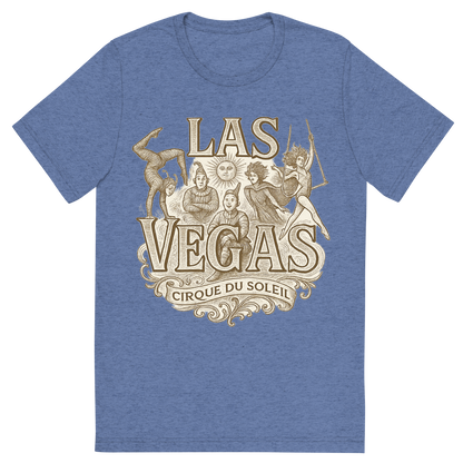 Front view of a Premium Tri-Blend Crew Neck T-Shirt in Blue showing 'A typographic, nostalgic graphic of a typographic illustration of the words 'las vegas' with a vintage line art drawing of the cirque du soleil shows'