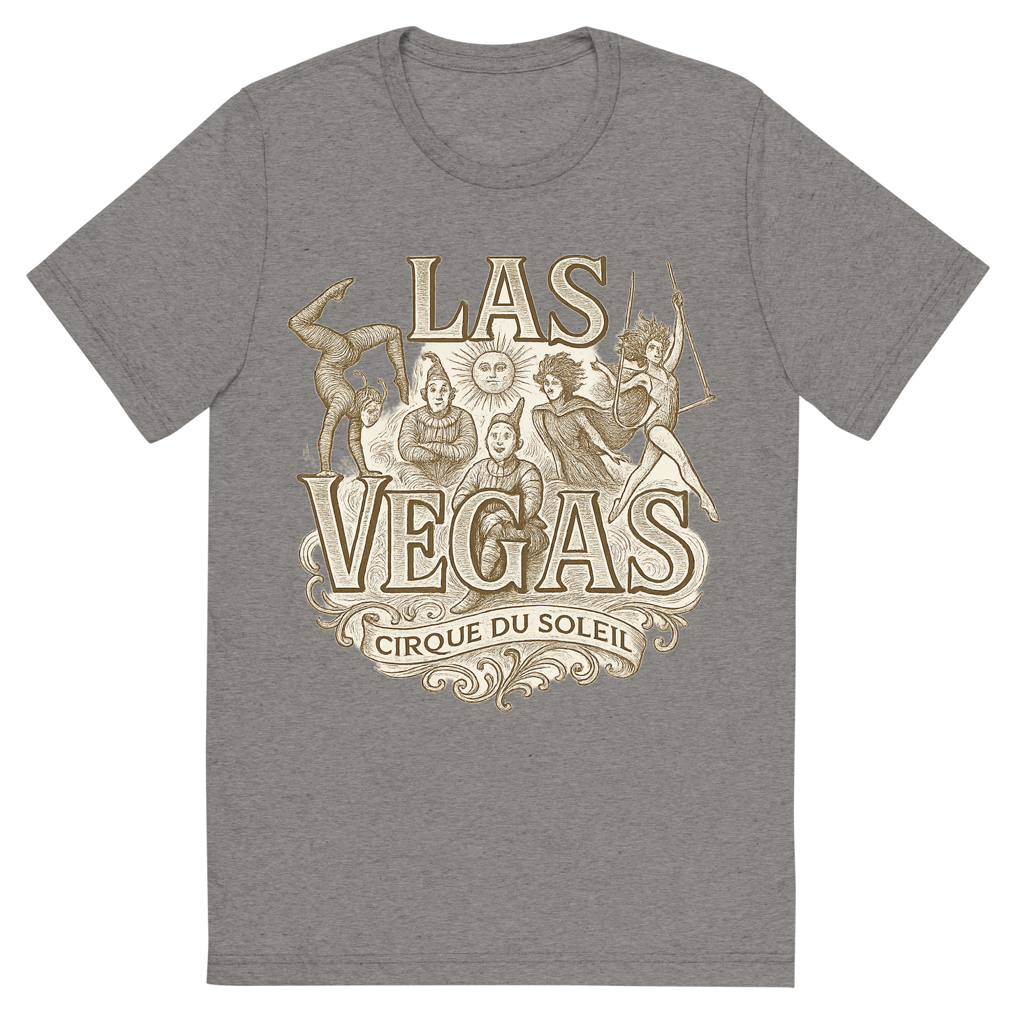 Front view of a Premium Tri-Blend Crew Neck T-Shirt in Grey showing 'A typographic, nostalgic graphic of a typographic illustration of the words 'las vegas' with a vintage line art drawing of the cirque du soleil shows'