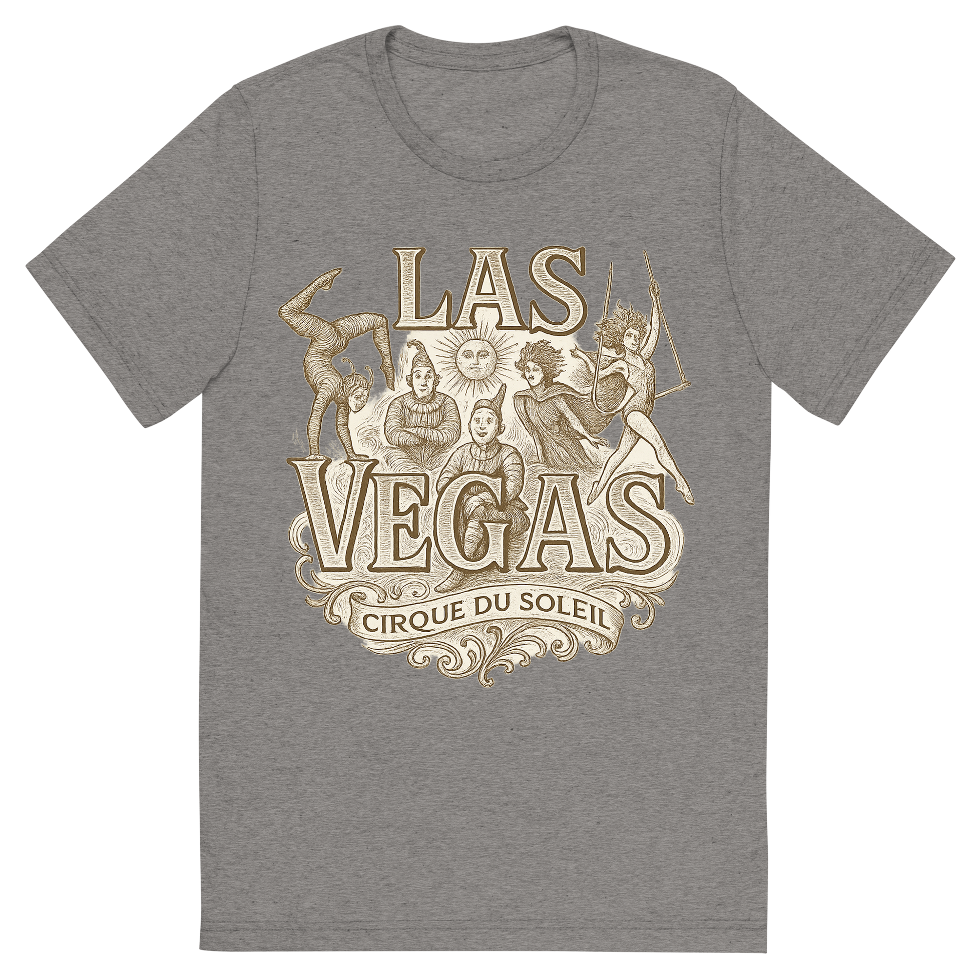 Front view of a Premium Tri-Blend Crew Neck T-Shirt in Grey showing 'A typographic, nostalgic graphic of a typographic illustration of the words 'las vegas' with a vintage line art drawing of the cirque du soleil shows'
