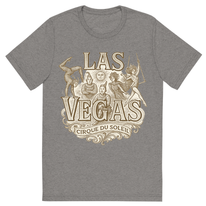 Front view of a Premium Tri-Blend Crew Neck T-Shirt in Grey showing 'A typographic, nostalgic graphic of a typographic illustration of the words 'las vegas' with a vintage line art drawing of the cirque du soleil shows'
