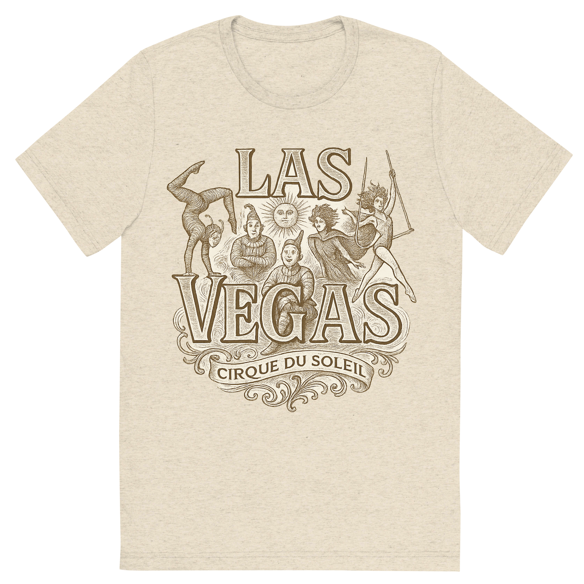 Front view of a Premium Tri-Blend Crew Neck T-Shirt in Oatmeal showing 'A typographic, nostalgic graphic of a typographic illustration of the words 'las vegas' with a vintage line art drawing of the cirque du soleil shows'