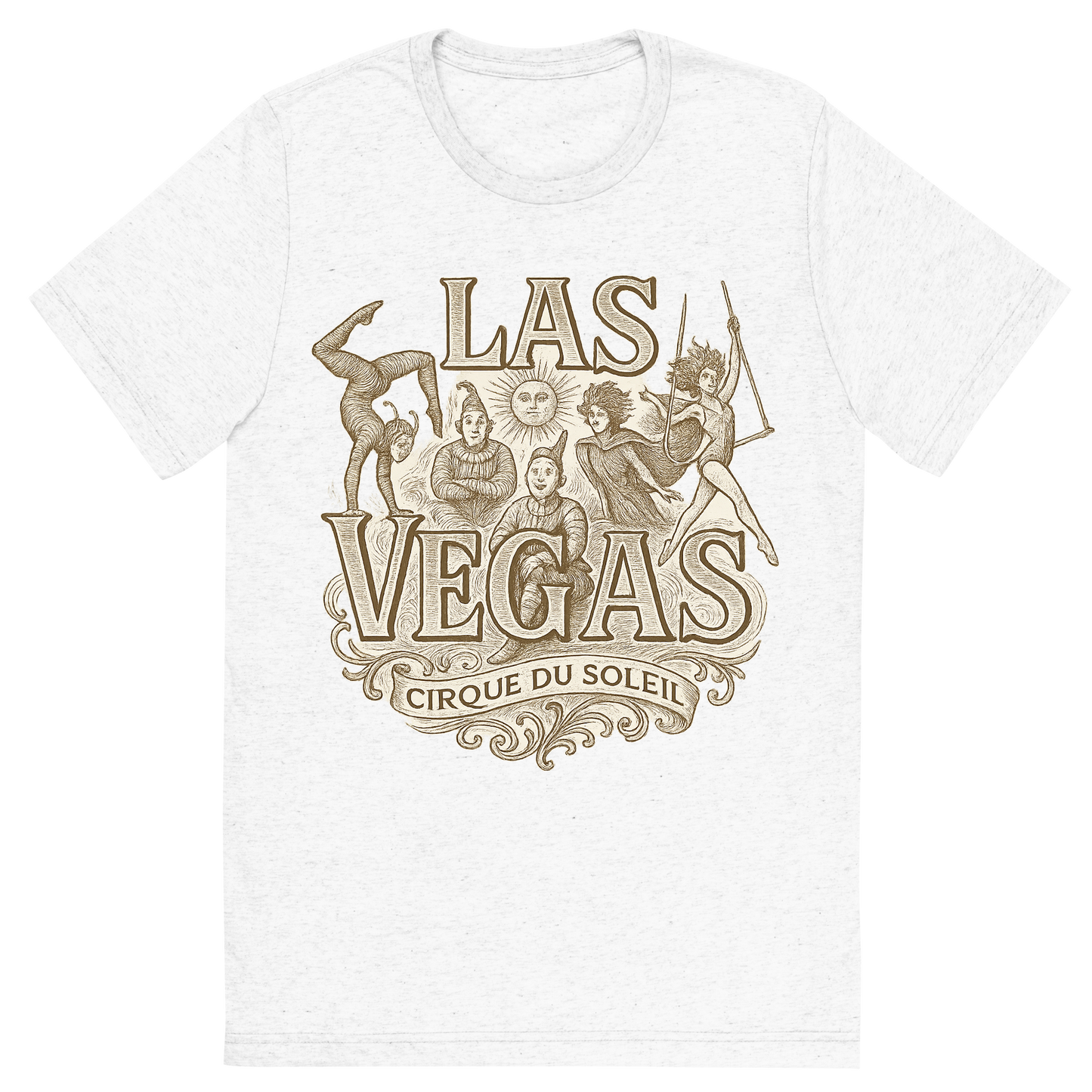 Front view of a Premium Tri-Blend Crew Neck T-Shirt in Solid White showing 'A typographic, nostalgic graphic of a typographic illustration of the words 'las vegas' with a vintage line art drawing of the cirque du soleil shows'