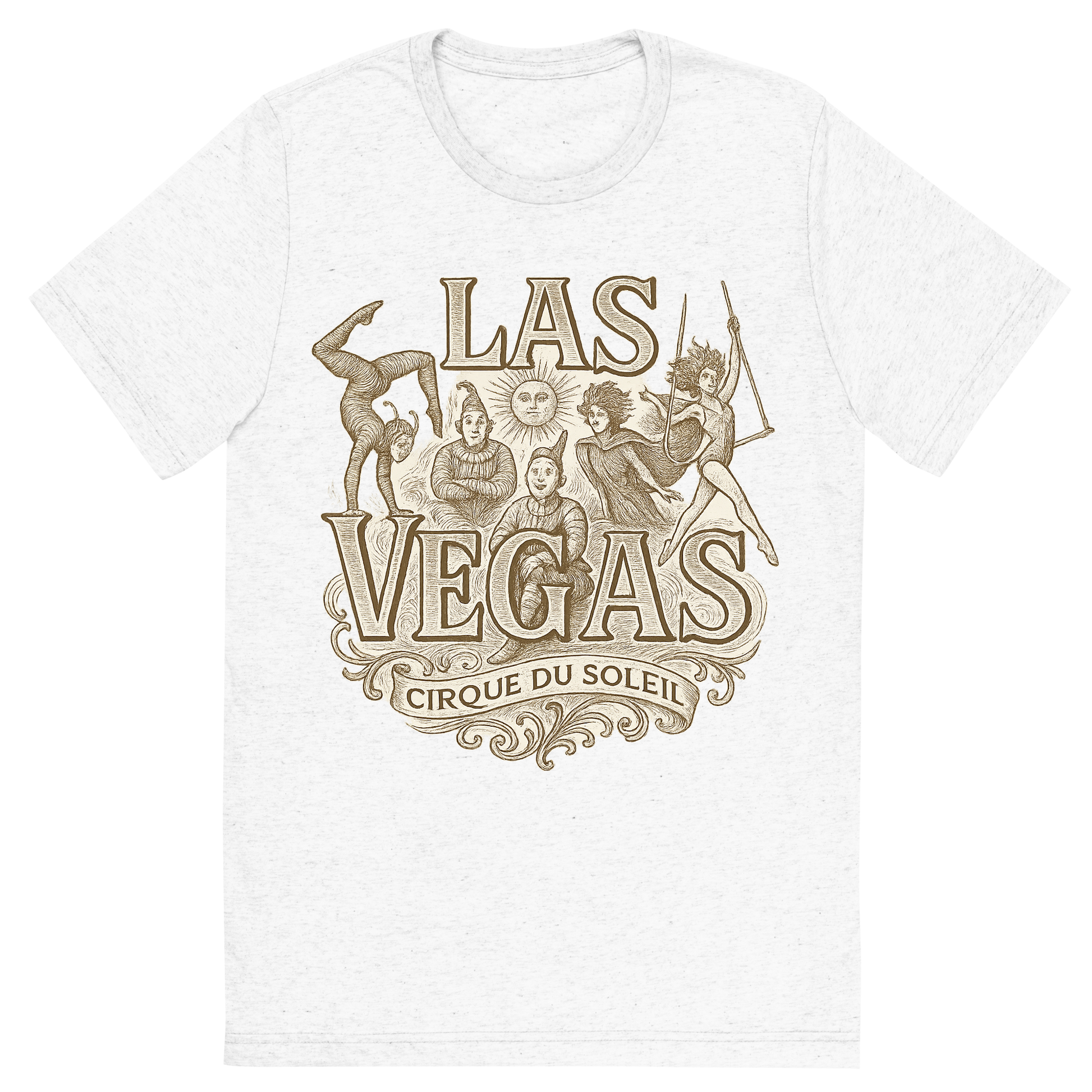 Front view of a Premium Tri-Blend Crew Neck T-Shirt in Solid White showing 'A typographic, nostalgic graphic of a typographic illustration of the words 'las vegas' with a vintage line art drawing of the cirque du soleil shows'