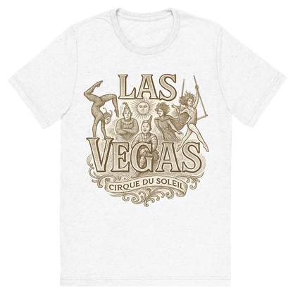 Front view of a Premium Tri-Blend Crew Neck T-Shirt in Solid White showing 'A typographic, nostalgic graphic of a typographic illustration of the words 'las vegas' with a vintage line art drawing of the cirque du soleil shows'