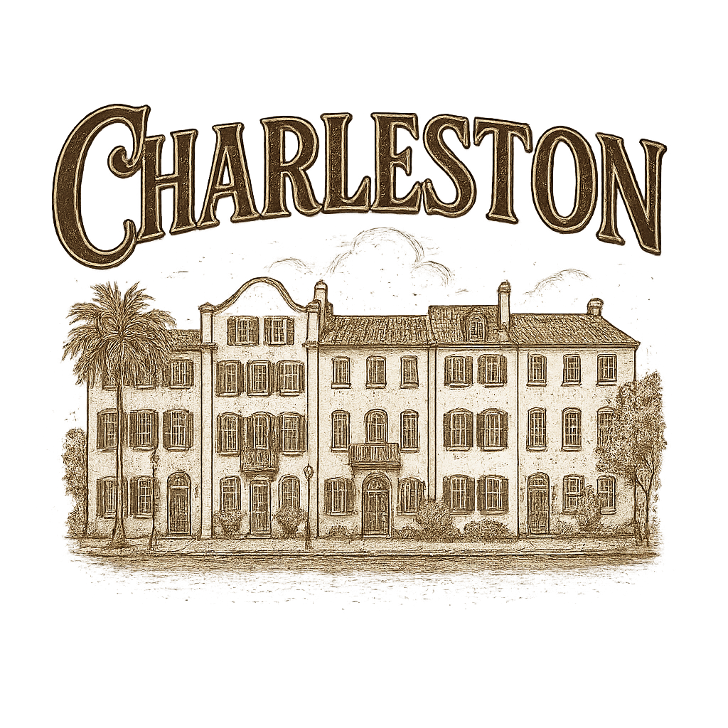 A typographic, nostalgic graphic of a typographic illustration of the words 'charleston' with a vintage line art drawing of the rainbow row – a t-shirt design