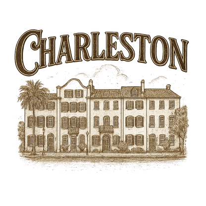 A typographic, nostalgic graphic of a typographic illustration of the words 'charleston' with a vintage line art drawing of the rainbow row – a t-shirt design