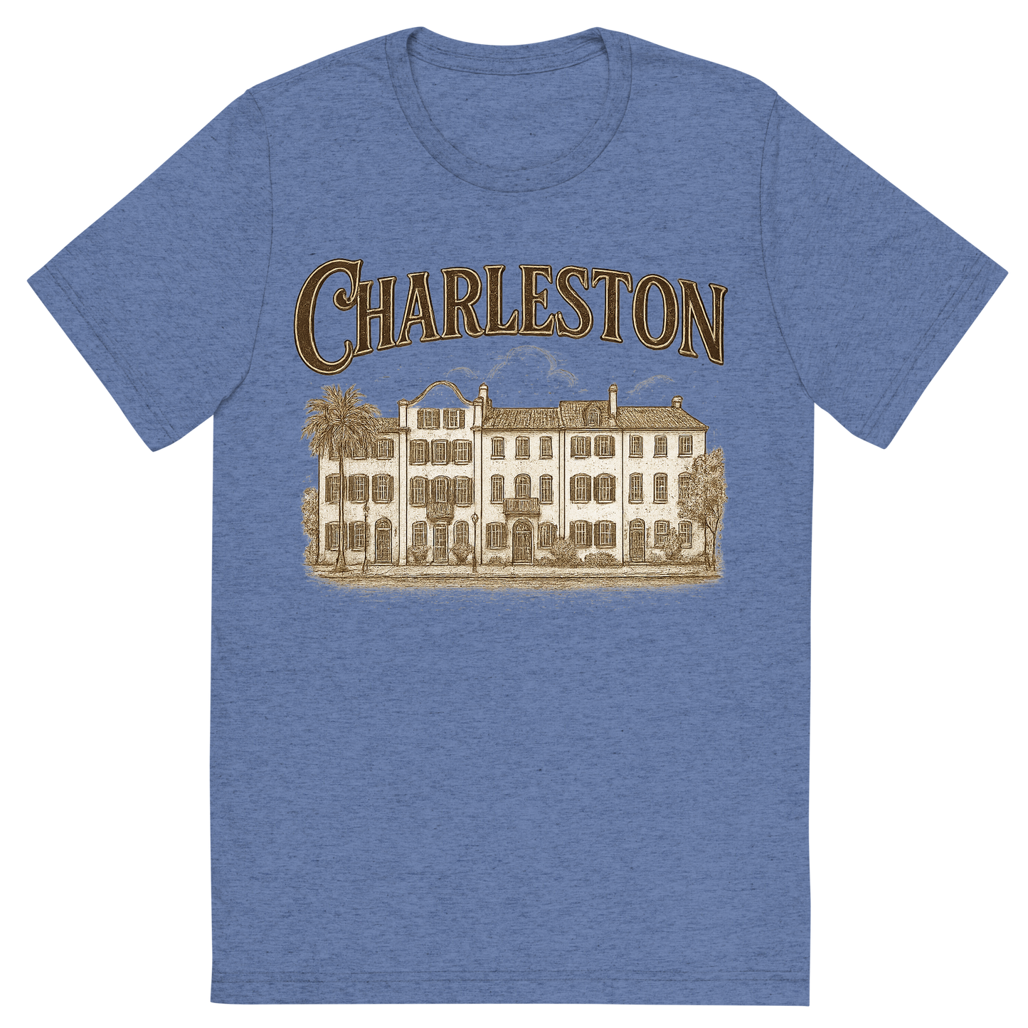 Front view of a Premium Tri-Blend Crew Neck T-Shirt in Blue showing 'A typographic, nostalgic graphic of a typographic illustration of the words 'charleston' with a vintage line art drawing of the rainbow row'