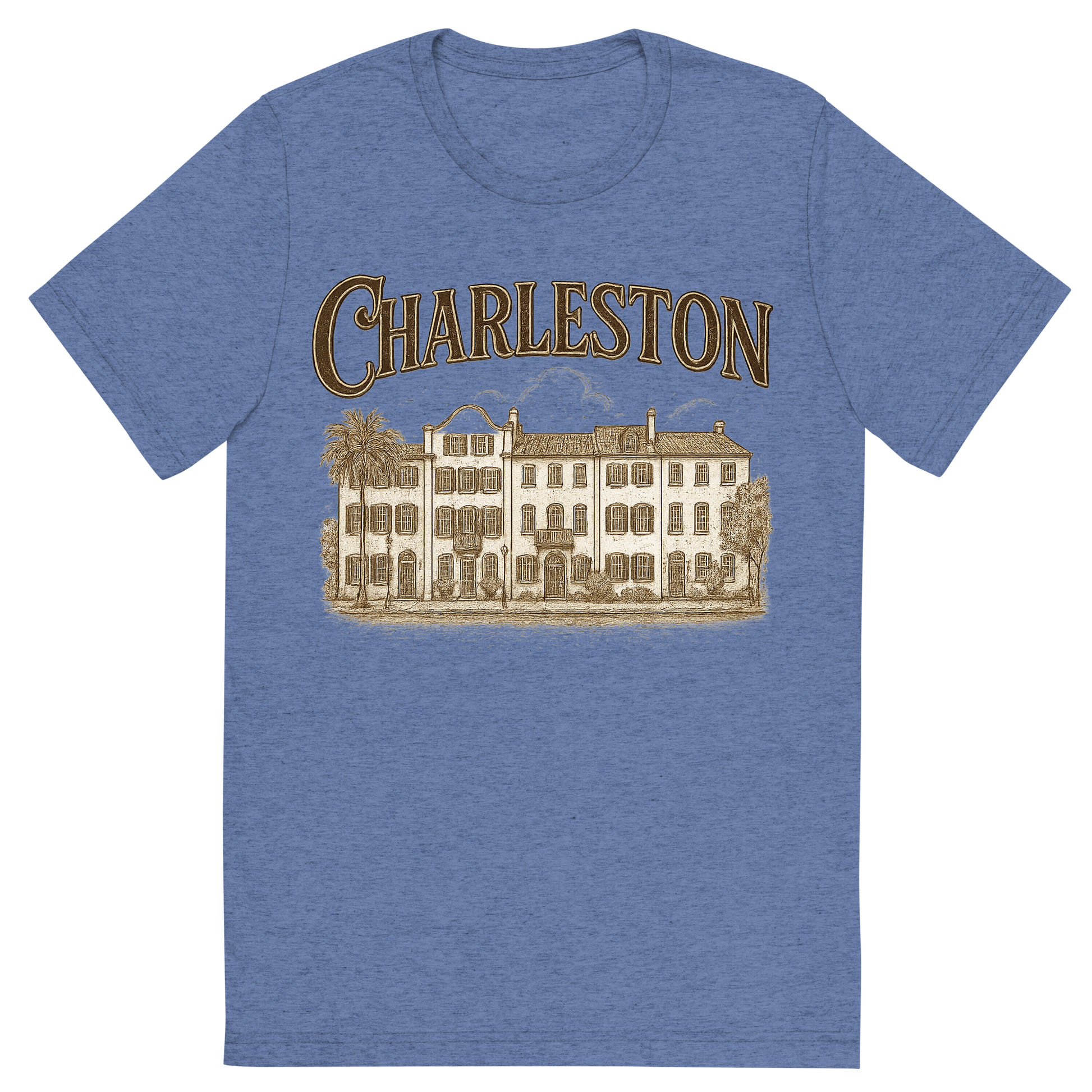 Front view of a Premium Tri-Blend Crew Neck T-Shirt in Blue showing 'A typographic, nostalgic graphic of a typographic illustration of the words 'charleston' with a vintage line art drawing of the rainbow row'
