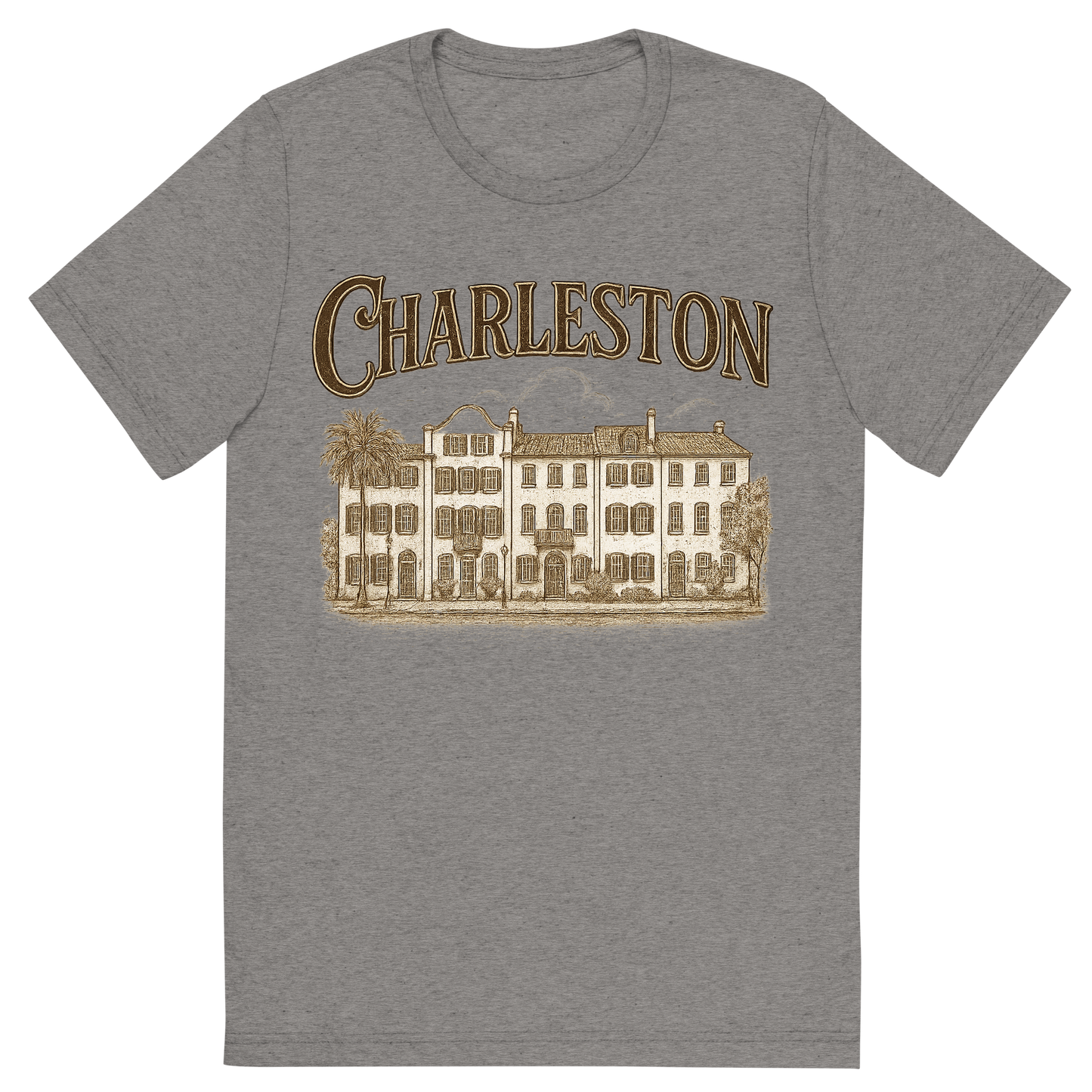Front view of a Premium Tri-Blend Crew Neck T-Shirt in Grey showing 'A typographic, nostalgic graphic of a typographic illustration of the words 'charleston' with a vintage line art drawing of the rainbow row'