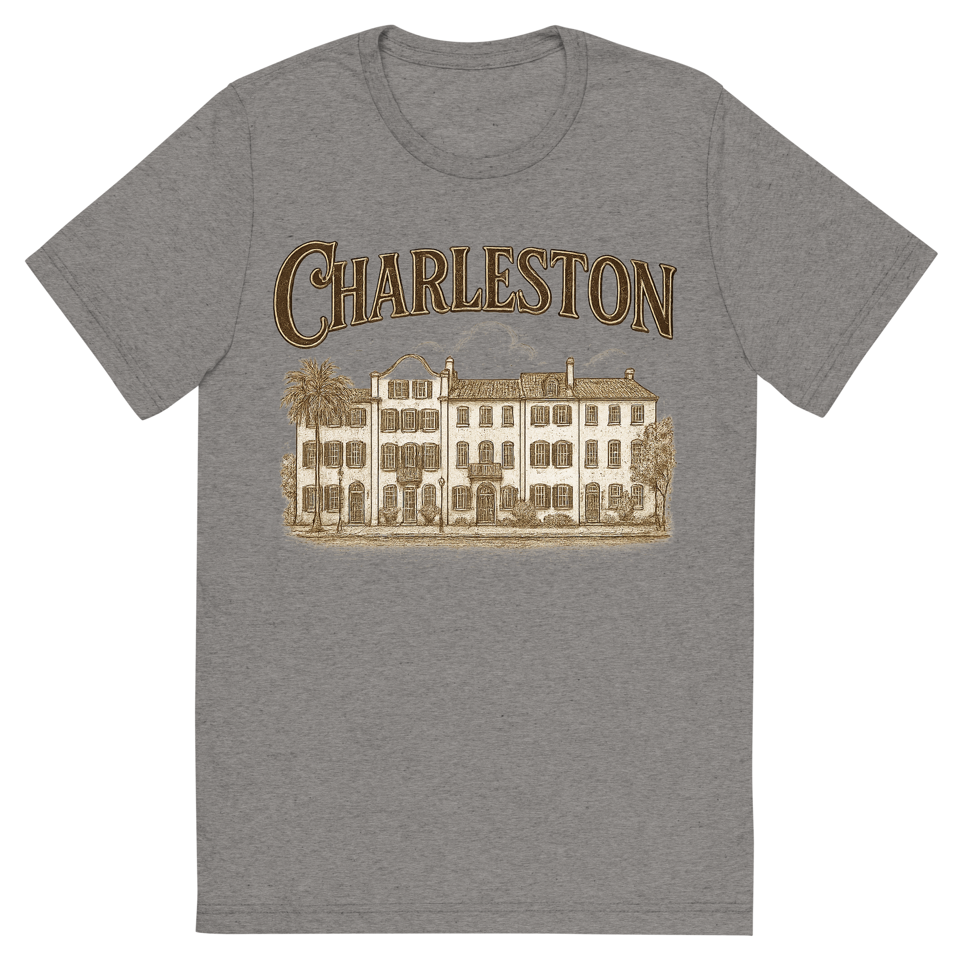 Front view of a Premium Tri-Blend Crew Neck T-Shirt in Grey showing 'A typographic, nostalgic graphic of a typographic illustration of the words 'charleston' with a vintage line art drawing of the rainbow row'