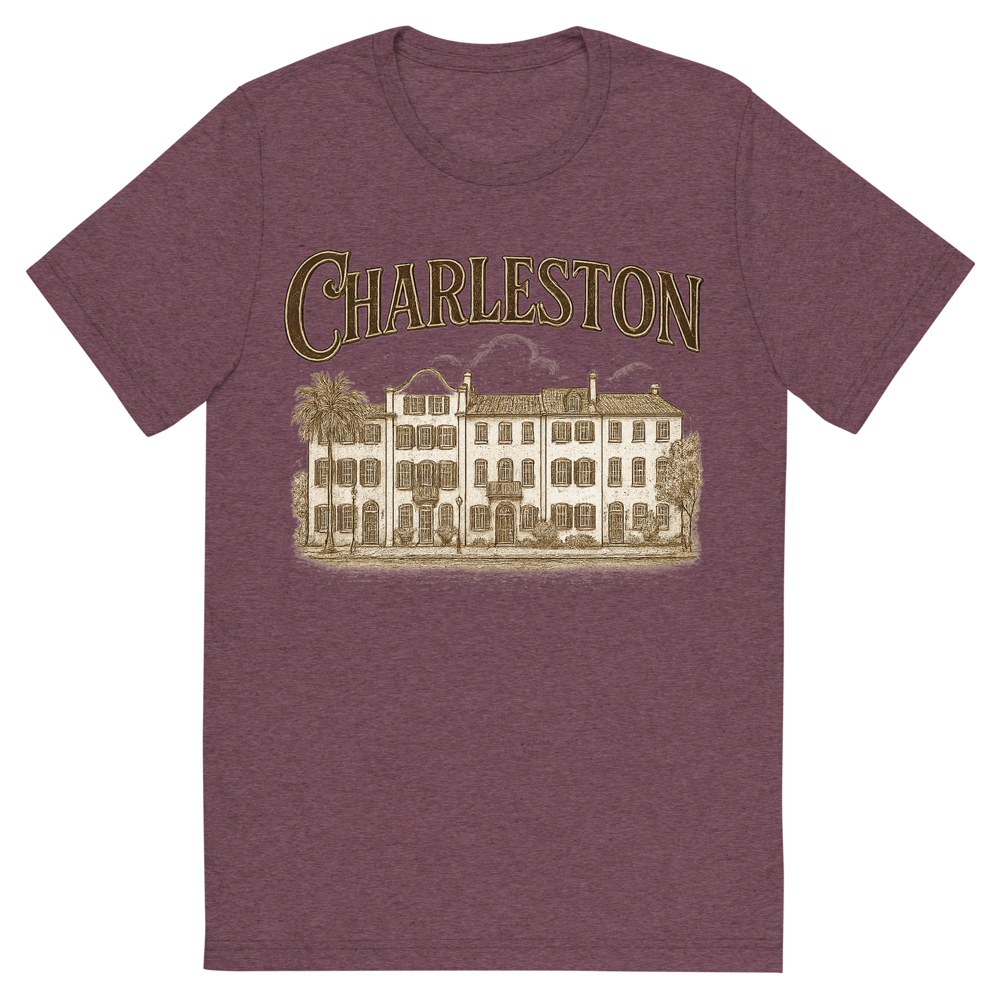 Front view of a Premium Tri-Blend Crew Neck T-Shirt in Maroon showing 'A typographic, nostalgic graphic of a typographic illustration of the words 'charleston' with a vintage line art drawing of the rainbow row'