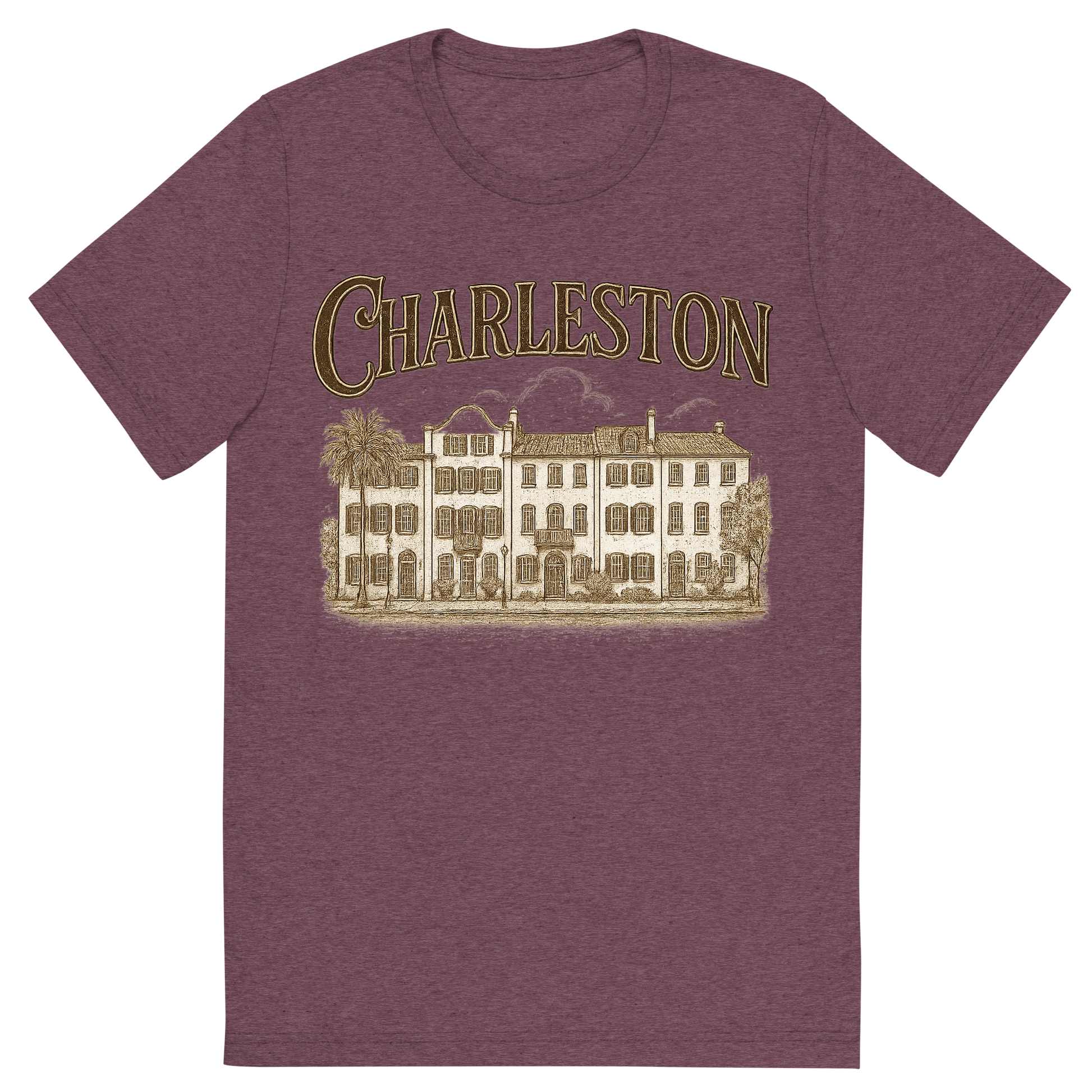 Front view of a Premium Tri-Blend Crew Neck T-Shirt in Maroon showing 'A typographic, nostalgic graphic of a typographic illustration of the words 'charleston' with a vintage line art drawing of the rainbow row'