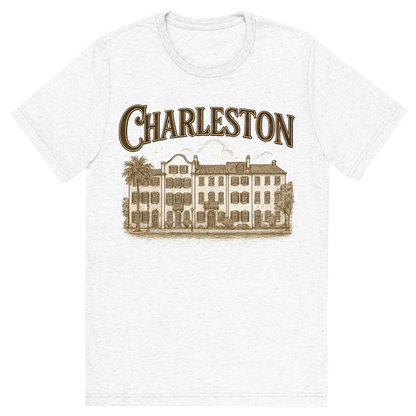 Front view of a Premium Tri-Blend Crew Neck T-Shirt in Solid White showing 'A typographic, nostalgic graphic of a typographic illustration of the words 'charleston' with a vintage line art drawing of the rainbow row'