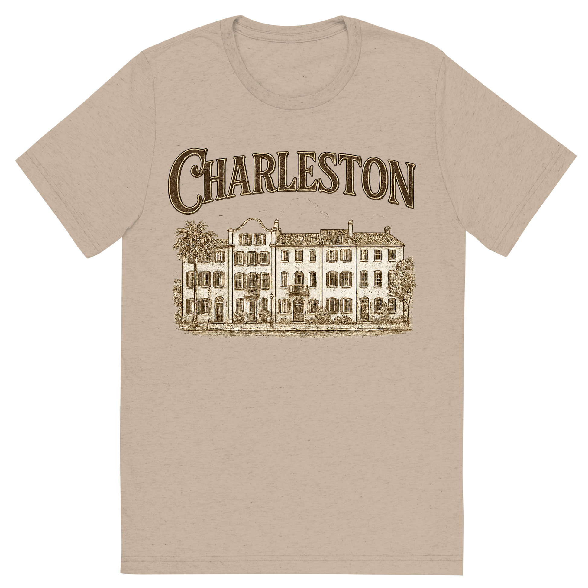 Front view of a Premium Tri-Blend Crew Neck T-Shirt in Tan showing 'A typographic, nostalgic graphic of a typographic illustration of the words 'charleston' with a vintage line art drawing of the rainbow row'