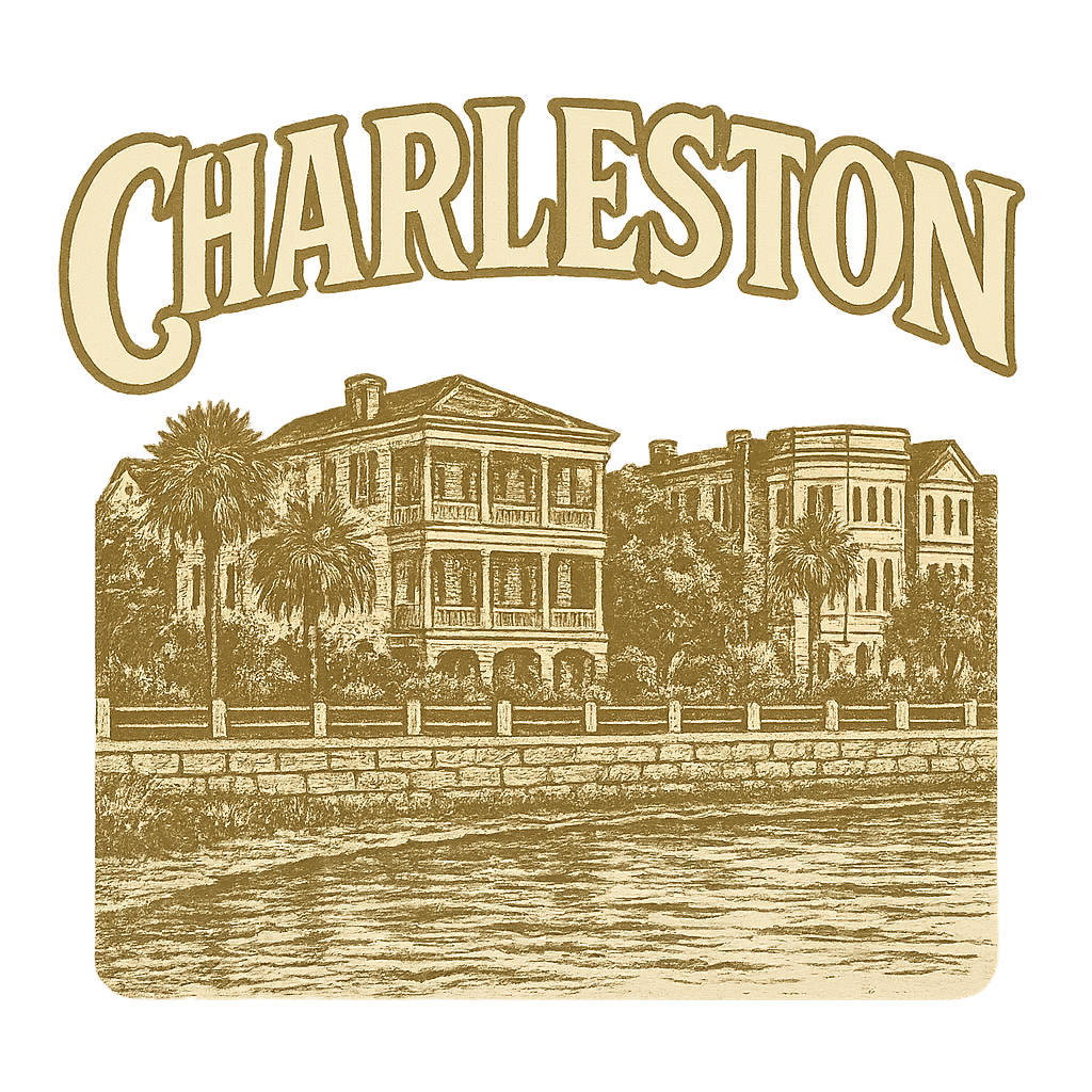 A typographic, nostalgic graphic of a typographic illustration of the words 'charleston' with a vintage line art drawing of the battery – a t-shirt design