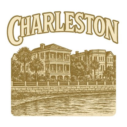 A typographic, nostalgic graphic of a typographic illustration of the words 'charleston' with a vintage line art drawing of the battery – a t-shirt design