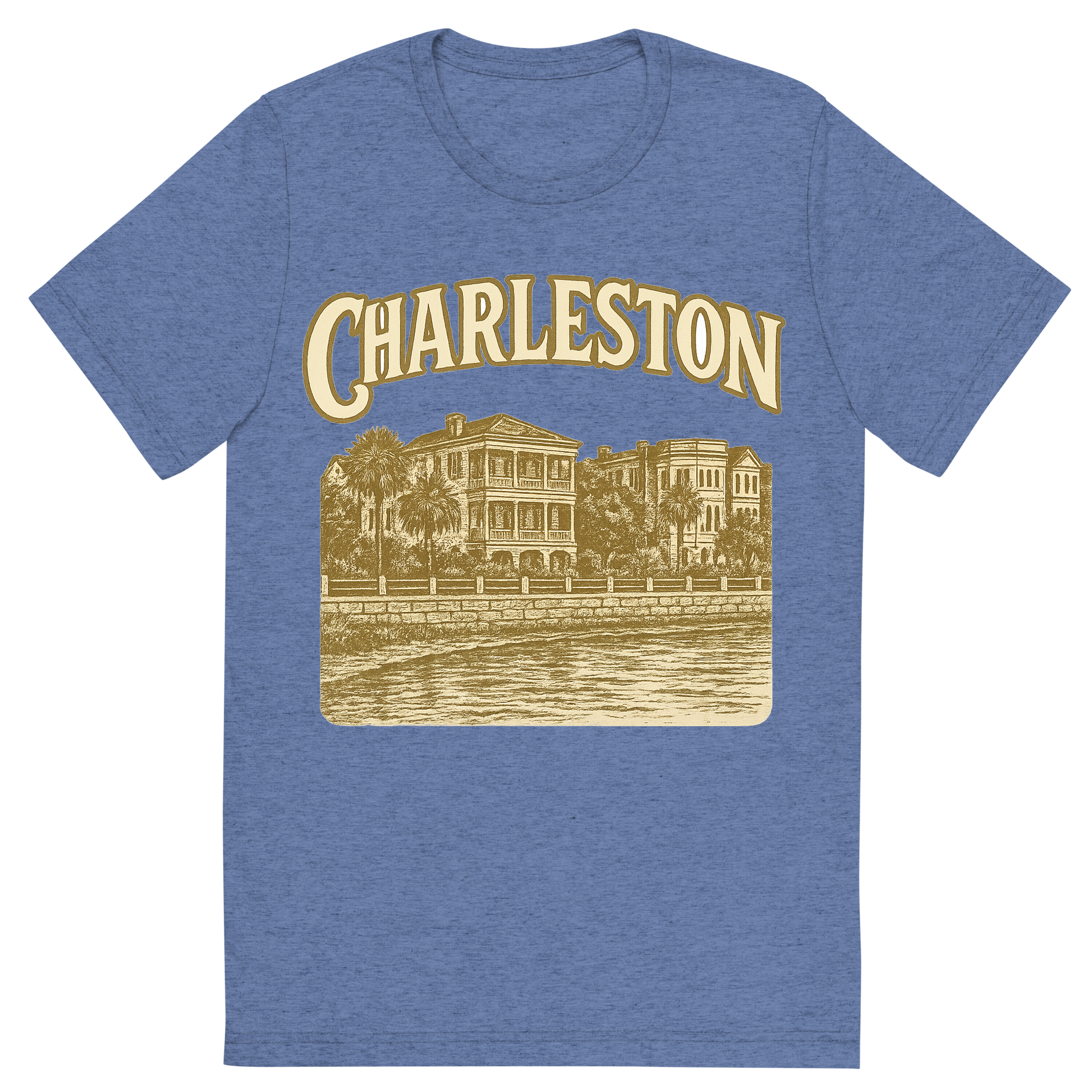 Front view of a Premium Tri-Blend Crew Neck T-Shirt in Blue showing 'A typographic, nostalgic graphic of a typographic illustration of the words 'charleston' with a vintage line art drawing of the battery'