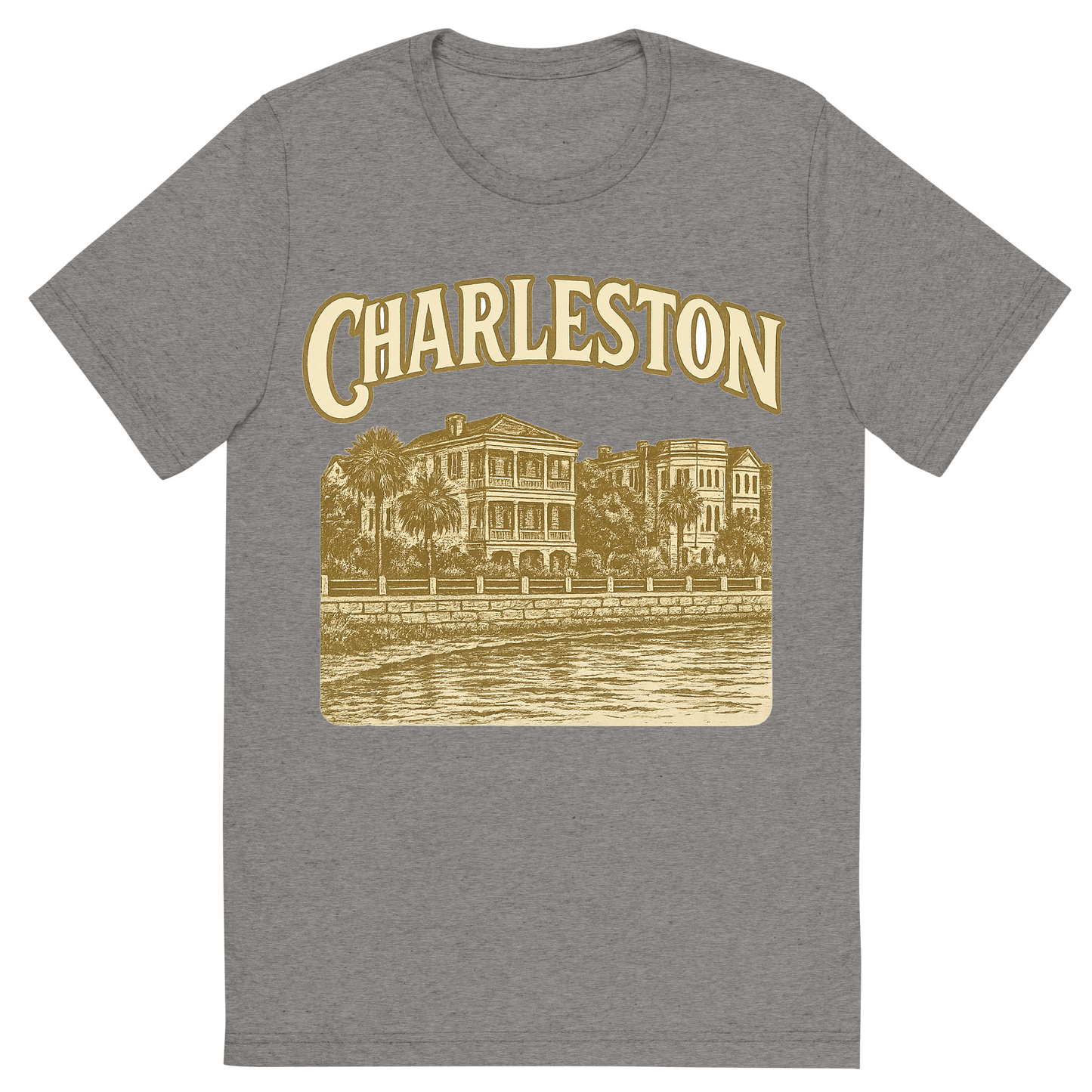 Front view of a Premium Tri-Blend Crew Neck T-Shirt in Grey showing 'A typographic, nostalgic graphic of a typographic illustration of the words 'charleston' with a vintage line art drawing of the battery'