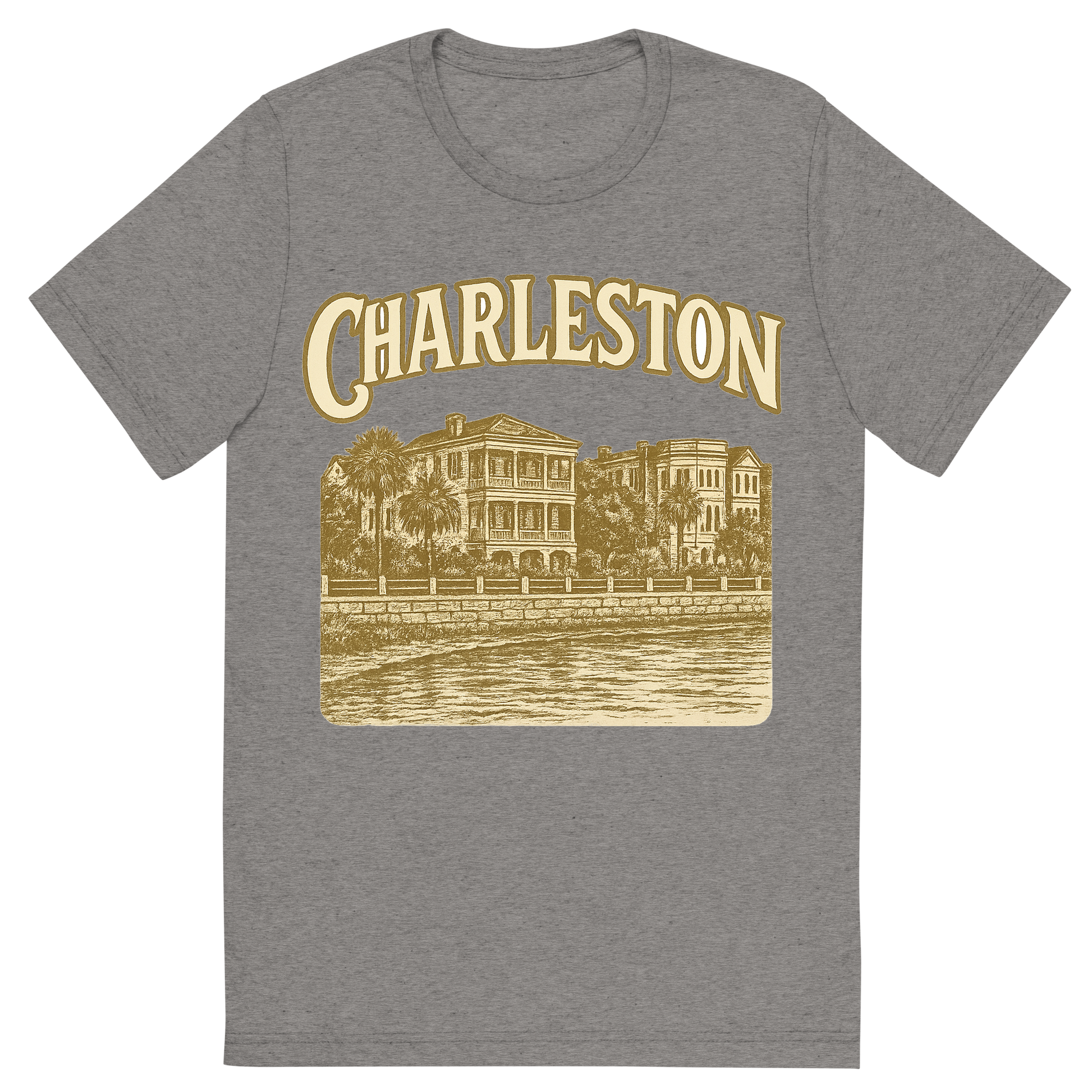 Front view of a Premium Tri-Blend Crew Neck T-Shirt in Grey showing 'A typographic, nostalgic graphic of a typographic illustration of the words 'charleston' with a vintage line art drawing of the battery'